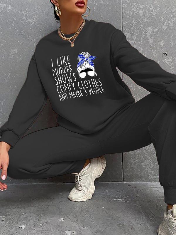 Women's Cartoon & Letter Print Crewneck Long Sleeve Sweatshirt, Back To School Outfits, Lady Casual Soft Comfort Fashion Round Neck Pullover for Fall & Winter, Summer Outfits 2024, Fall Tops, Lady's Comfortable Tops Clothes for Daily Wear, Womenswear