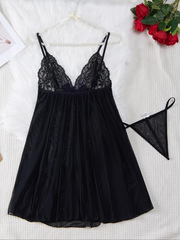 Women's 2pcs Floral Lace Bow Front Sheer Tulle Cami Nightdress & Thong Set, Elegant Romantic Sexy Lingerie Set for Daily Wear, Ladies Summer Clothes