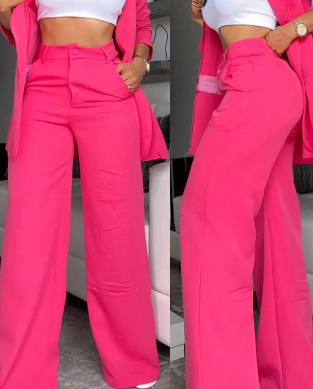 Comfortable and elegant solid color slit lapel suit pocket straight pants suit women fashion clothing