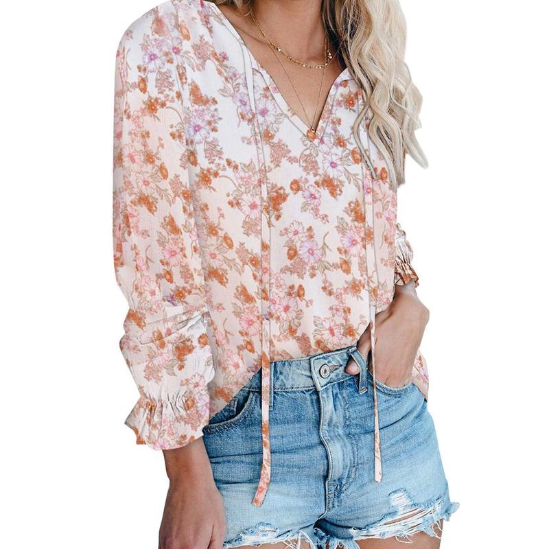 Dokotoo Women's Casual Boho Floral Printed V Neck Tops Drawstring Short Long Sleeve T Shirt Blouses