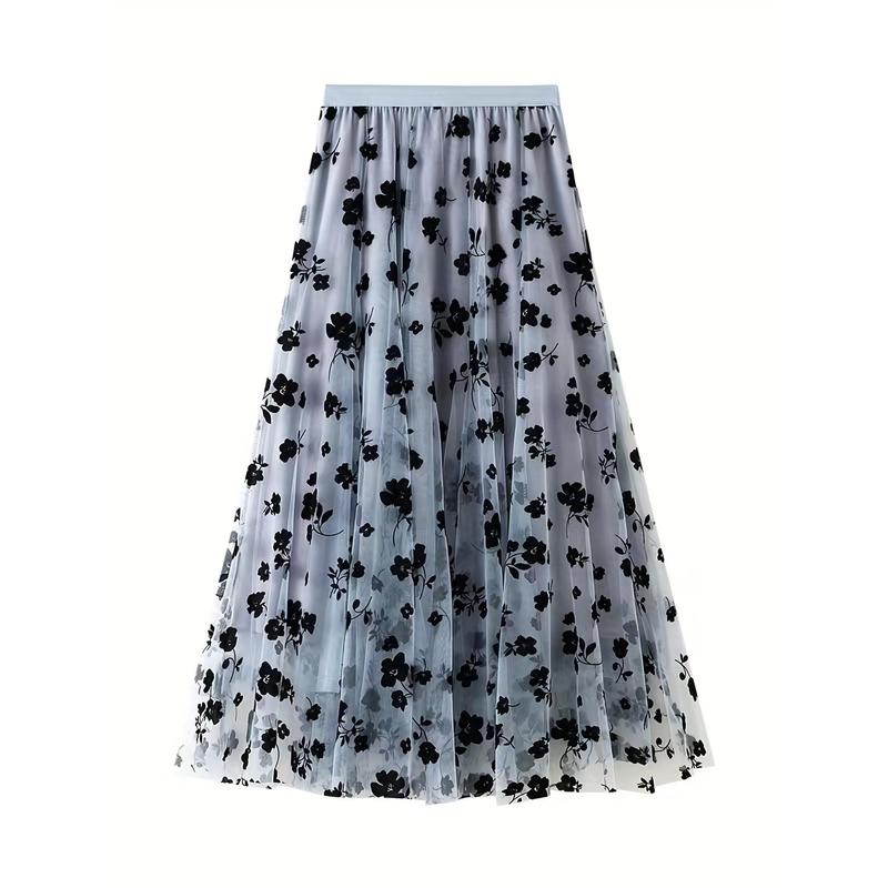 Plant Print Tulle Skirt, Elegant High Waist Long Skirt, Women's Clothing