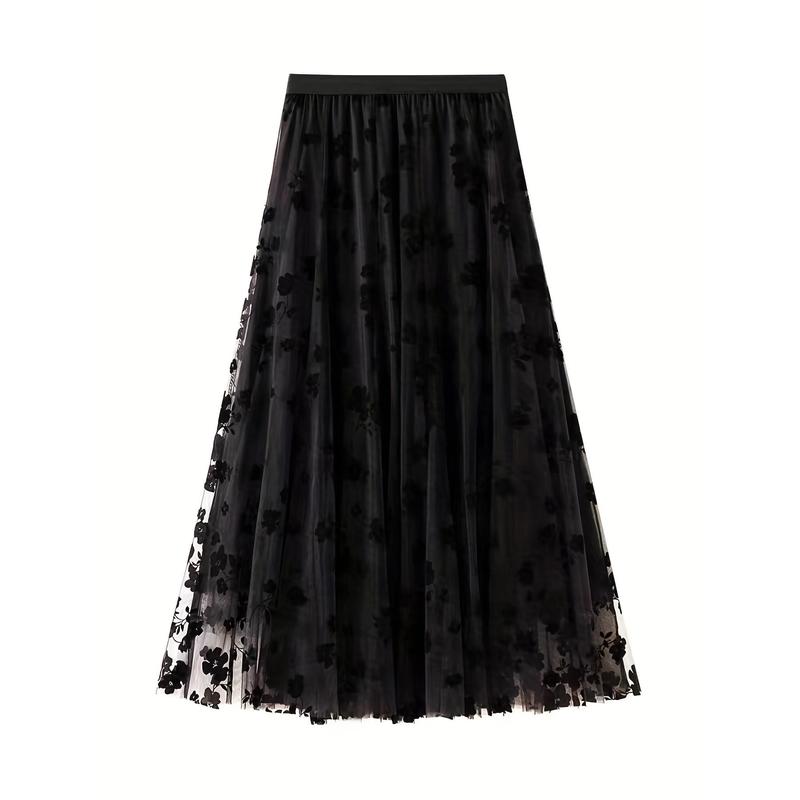 Plant Print Tulle Skirt, Elegant High Waist Long Skirt, Women's Clothing