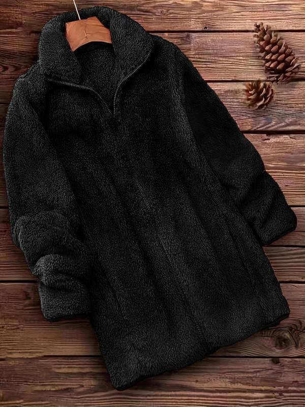  Solid Funnel Neck Zip Up Fuzzy Coat, Casual Long Sleeve Pocket Outerwear for Fall & Winter, Women's Clothes for Daily Wear