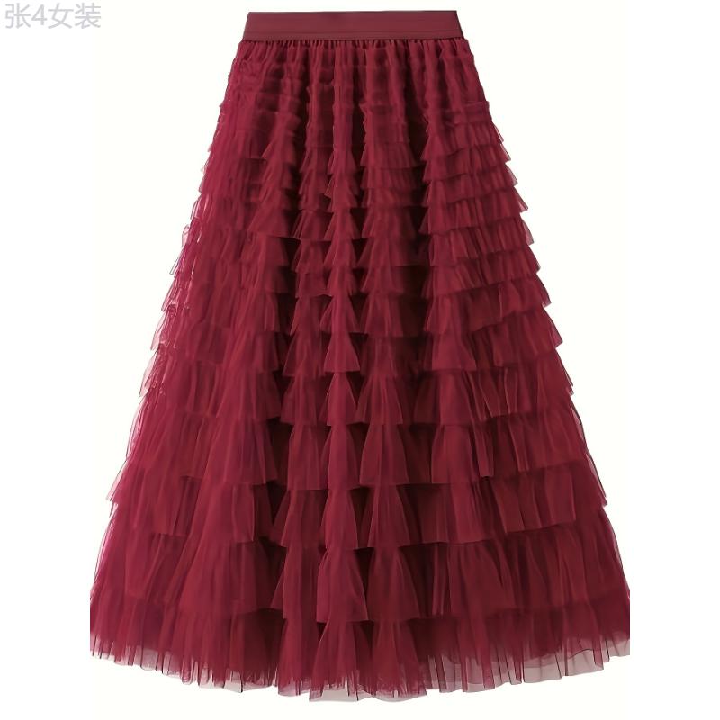 Solid Layered Ruffle Mesh Trim Skirt, Elegant High Waist Skirt For Spring & Fall, Women's Clothing Fabric Womenswear