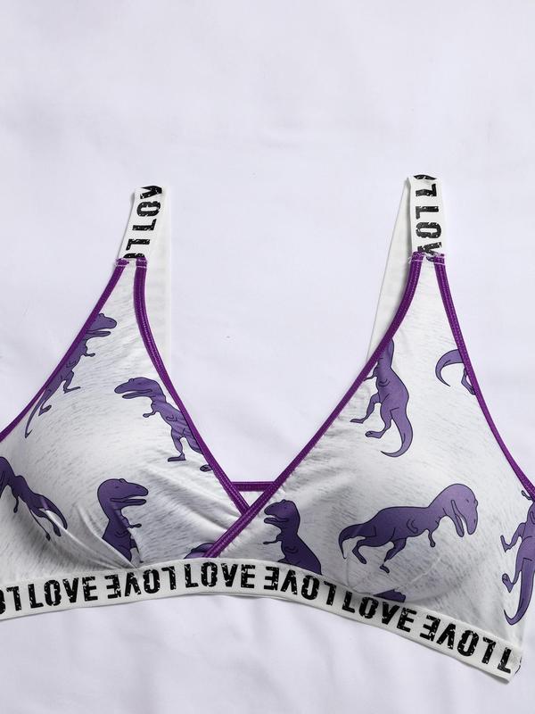 Plus Size Dinosaur Print Contrast Binding Bra & Thong Sexy Lingerie Set, Plus Letter Tape Lingerie Top & Panty Underwear Set for All Seasons, Comfort Womenswear for Daily Wear