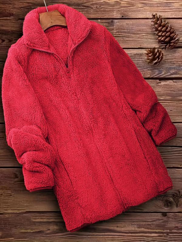  Solid Funnel Neck Zip Up Fuzzy Coat, Casual Long Sleeve Pocket Outerwear for Fall & Winter, Women's Clothes for Daily Wear