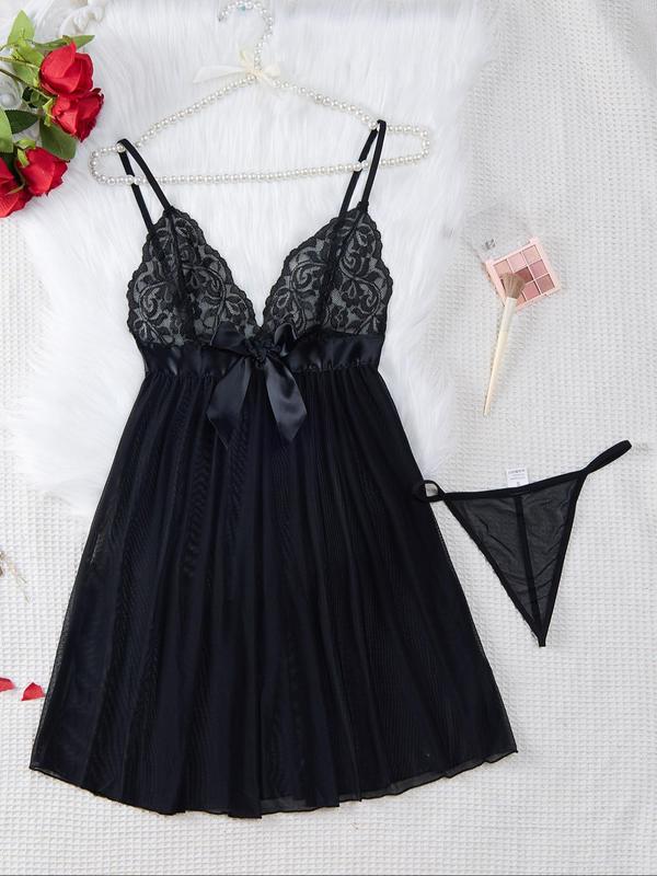 Women's 2pcs Floral Lace Bow Front Sheer Tulle Cami Nightdress & Thong Set, Elegant Romantic Sexy Lingerie Set for Daily Wear, Ladies Summer Clothes