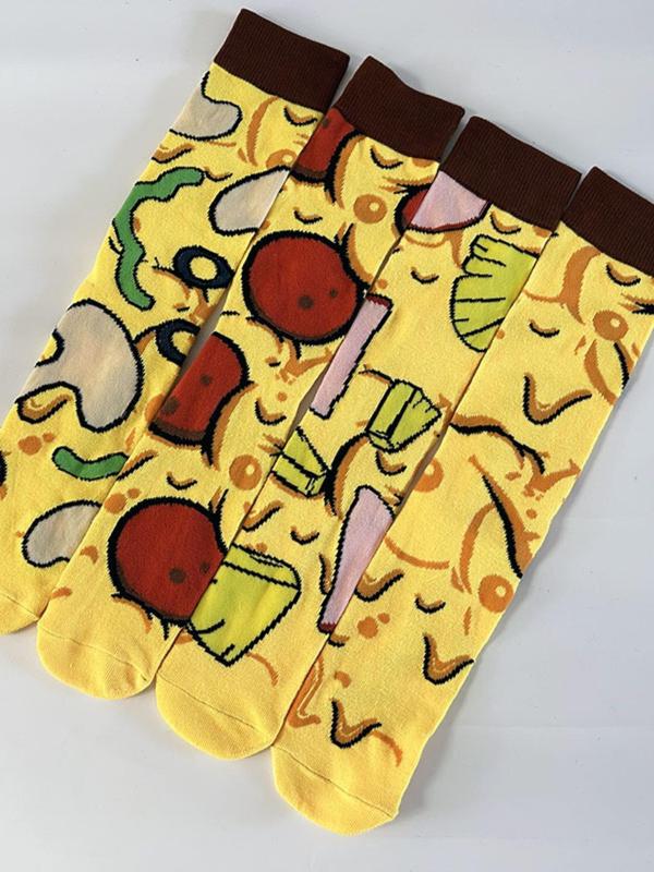 Women's Cartoon Pizza Print Mid-calf Socks, Cute Comfy Breathable Socks for Daily Wear, Women's Socks for All Seasons