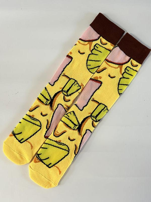 Women's Cartoon Pizza Print Mid-calf Socks, Cute Comfy Breathable Socks for Daily Wear, Women's Socks for All Seasons