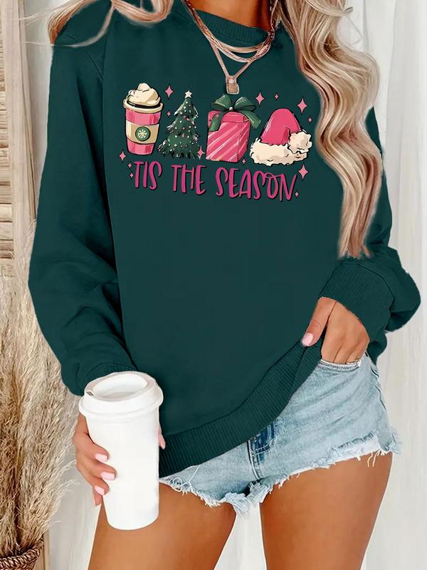 Women's Christmas Themed Letter Print Drop Shoulder Sweatshirt, Casual Long Sleeve Round Neck Pullover for Daily Wear, Ladies Clothes for All Seasons