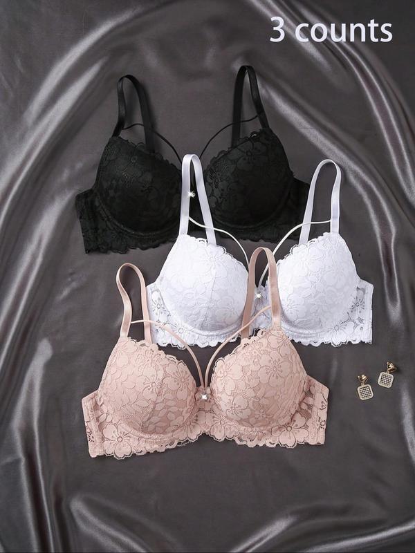 Women's Contrast Lace Push Up Bra, Adjustable Strap Underwire Bra, Soft Comfortable Breathable Lingerie for All Seasons