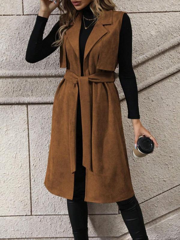 Women's Solid Lapel Belted Vest Coat, Coats for Women, Casual Fashion Longline Outerwear for Daily Outdoor Wear, Women's Clothing for Fall & Winter, Going Out Outfits