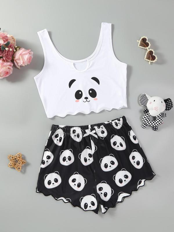 Women's Chic Halloween Skull Panda Halloween Print Lettuce Trim Graphic Loungewear Pajama Set, Lady Casual Comfortable Sleeveless Crop Tops & Shorts Set, Women's Sleepwear for Summer Homewear, All-match Wear, Womenswear Pajama