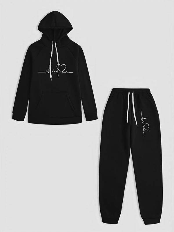 Two-piece Set Women's Heart Print Raglan Sleeve Hoodie & Drawstring Waist Sweatpants Set, Casual Long Sleeve Hooded Pullover & Pocket Jogger Pants, Two Piece Set Women, Women's Fall & Winter Clothes