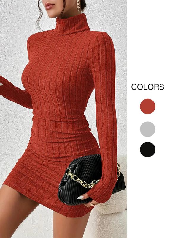 Women's Thin Minimalist Ribbed Knit Long Sleeve Turtle Neck Bodycon Dress, Longsleeves High Neck Short Tight Dresses Basic Comfortable Lady Casual Womenswear