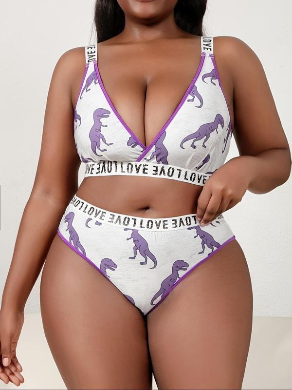 Plus Size Dinosaur Print Contrast Binding Bra & Thong Sexy Lingerie Set, Plus Letter Tape Lingerie Top & Panty Underwear Set for All Seasons, Comfort Womenswear for Daily Wear