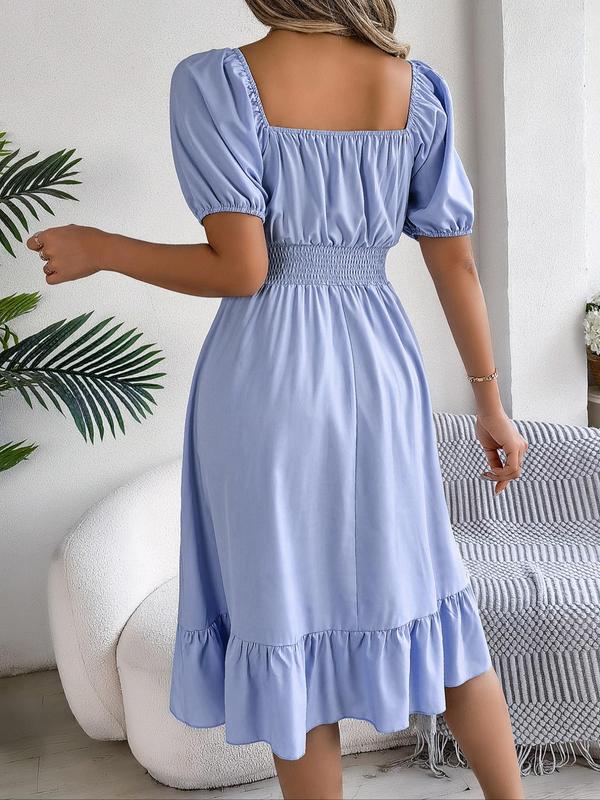 Women's Plain Ruffle Hem Shirred Puff Sleeve A Line Frenchy Style Dress, Elegant Short Sleeve Square Neck Midi Dress for Summer, Back To School Outfits, Summer Dresses, Summer Outfits 2024, Ladies Dress for Beach Holiday, Vintage Clothing