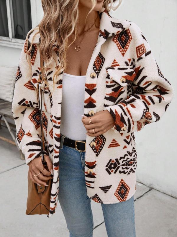 Women's Ethnic Pattern Button Front Pocket Plush Jacket, Casual Drop Shoulder Long Sleeve Collared Outerwear for Fall & Winter, Ladies Clothes for Daily Wear