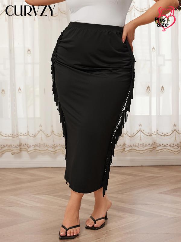 CURVZY Plus Size Fall Aesthetic Fringe Trim Ruched Midi Skirt, Casual Solid High Waist Skirt for Daily Wear, Women's Bottoms for All Seasons