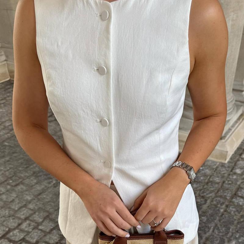 New Fashion Women’s Button Down Waistcoat Vest Sleeveless Round Neck Solid Color Slim Fit Tops Dressy Suit Vest